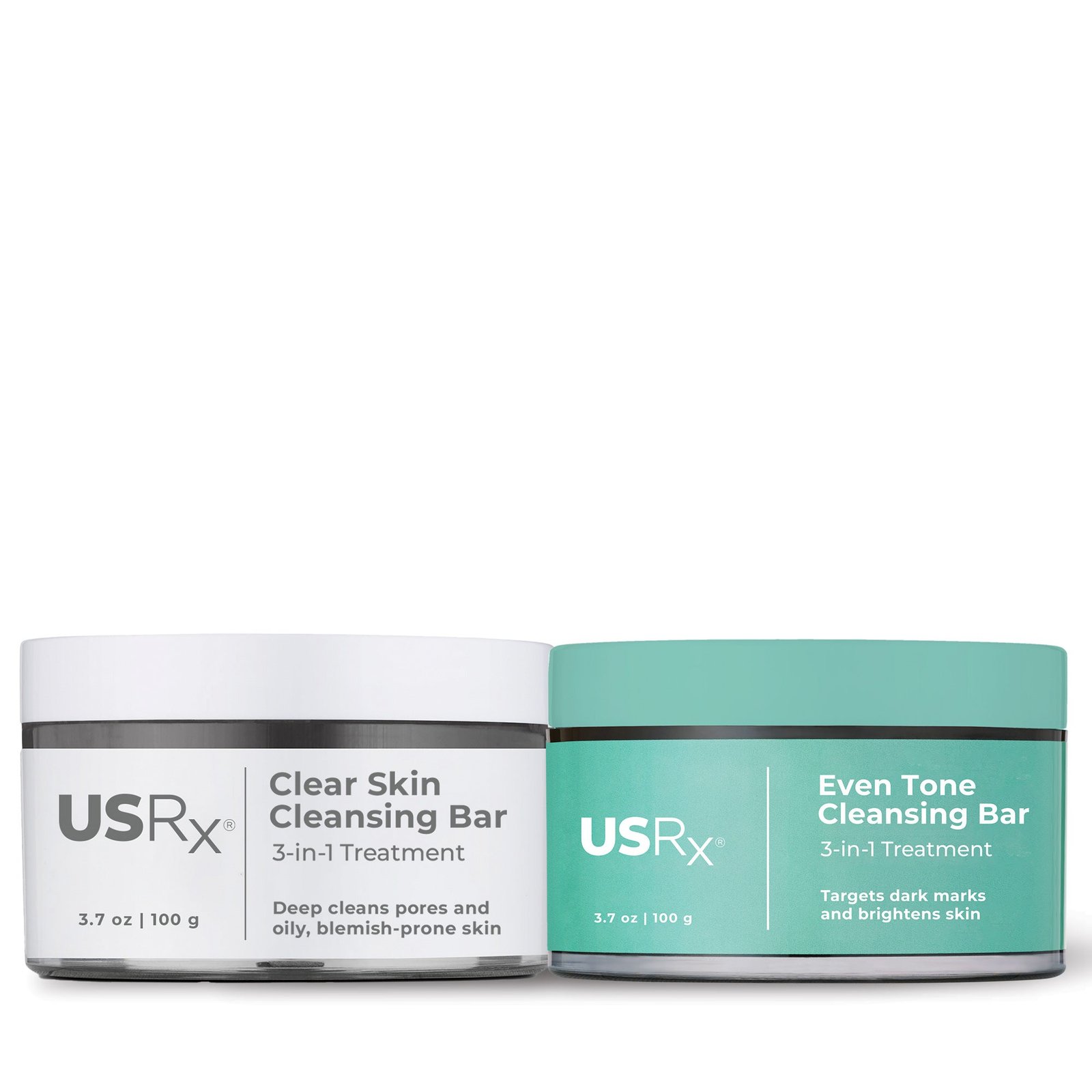Two jars of USRx facial cleansing bars on a white background
