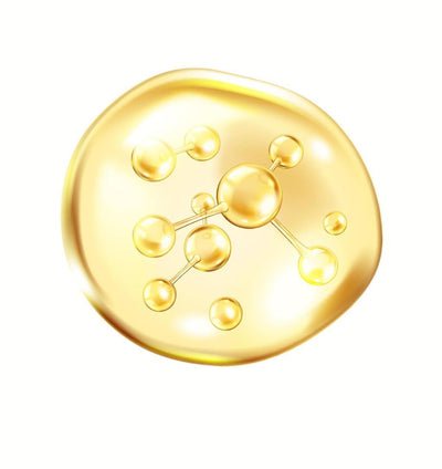 Round droplet of gold colored solution representing collagen on a white background